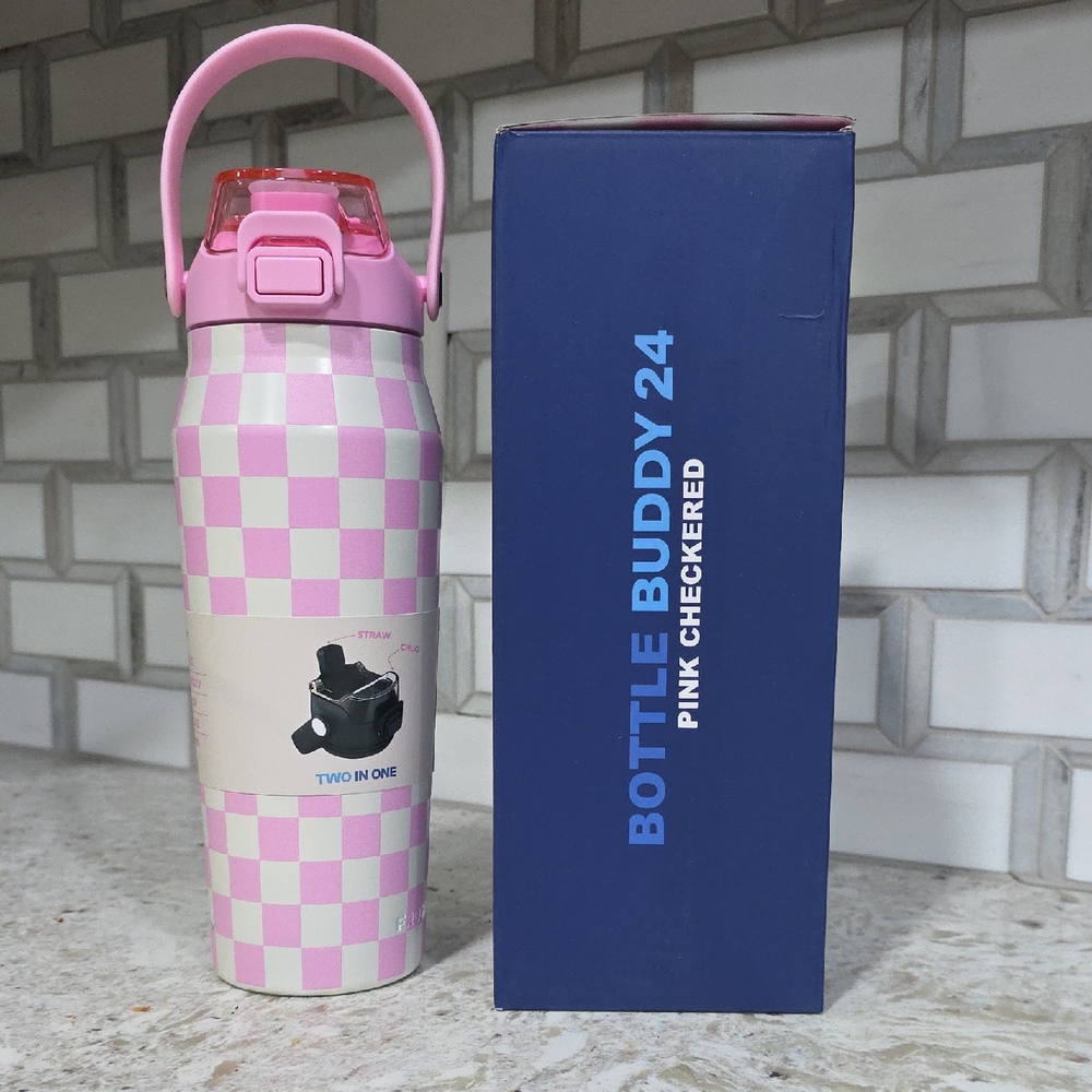 Bottle Buddy 24 Pink Checkered Thermos